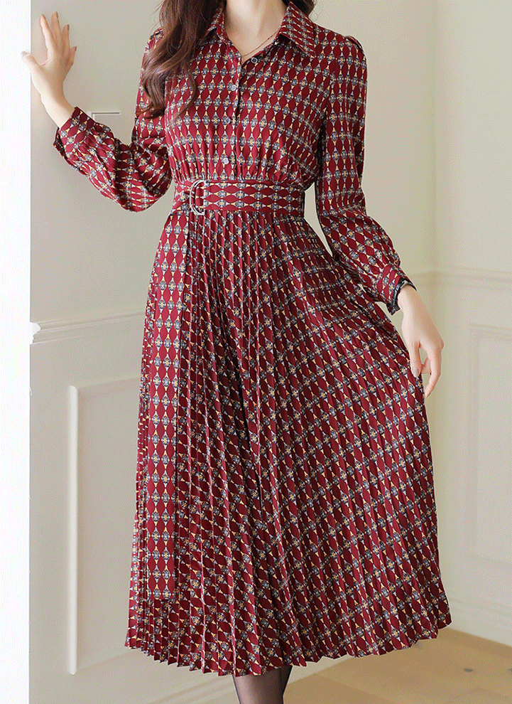 [LouisAngel] Ethnic Print Self Belted Pleats Dress
