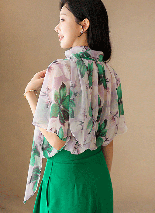 Watercolor Bloom Tie-Neck Chiffon Blouse