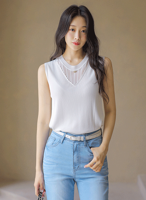 Sheer-Layer Sleeveless Ribbed Knit Top
