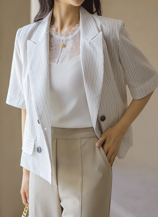 Linen Breeze Stripe Double-Breasted Jacket