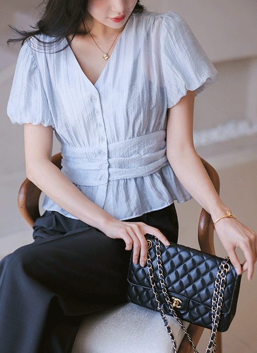 Airy Shirred Peplum Chiffon Blouse