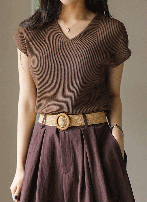(5 Colors) Breezy Open Rib V-Neck Cap Sleeve Knit