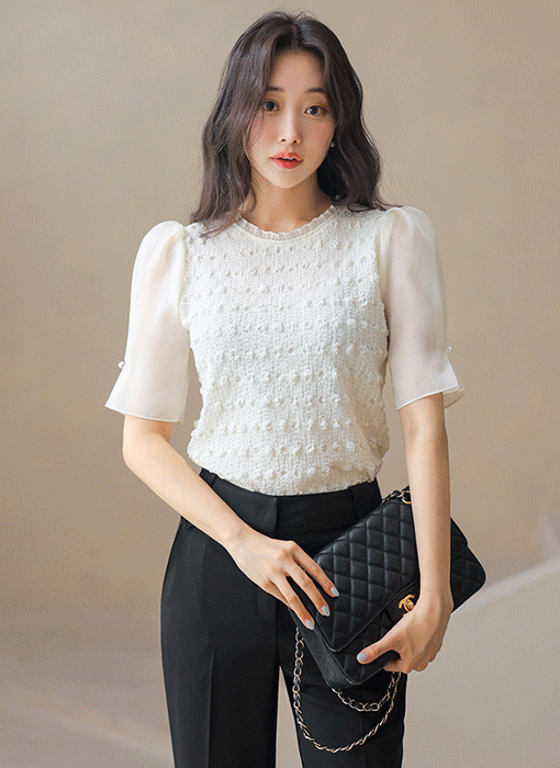 [LouisAngel] Sheer Tulip Sleeve Textured Blouse Tee