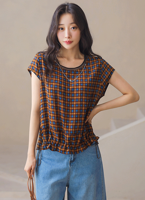 [The Onme] Plaid Cap Sleeve Blouse w/ Necklace
