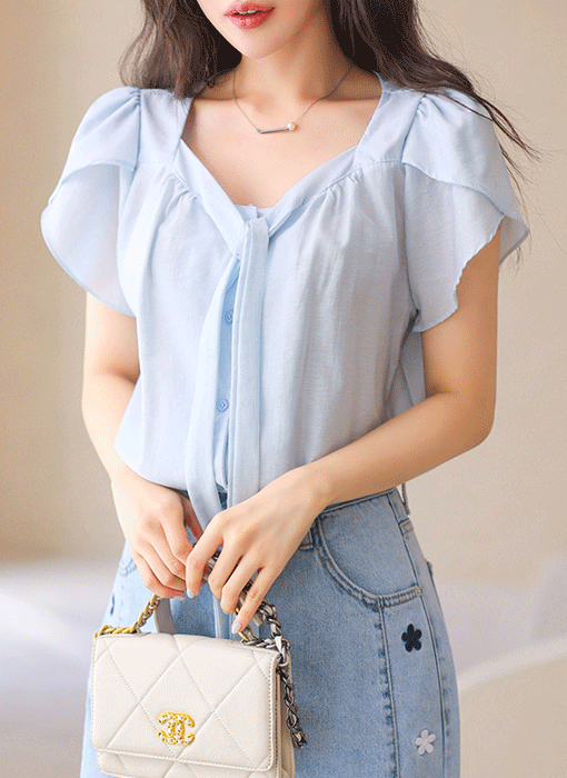 [The Onme] Petal-Sleeve Tie-Neck Button Blouse