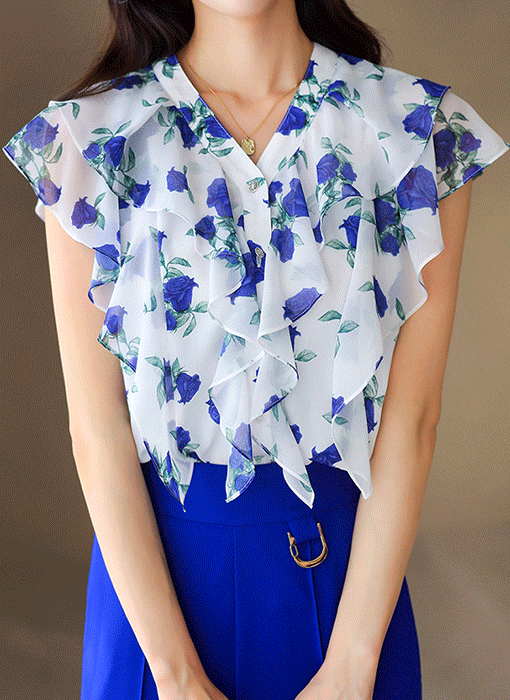 [LouisAngel] Blue Rose Cascade Ruffle Chiffon Blouse