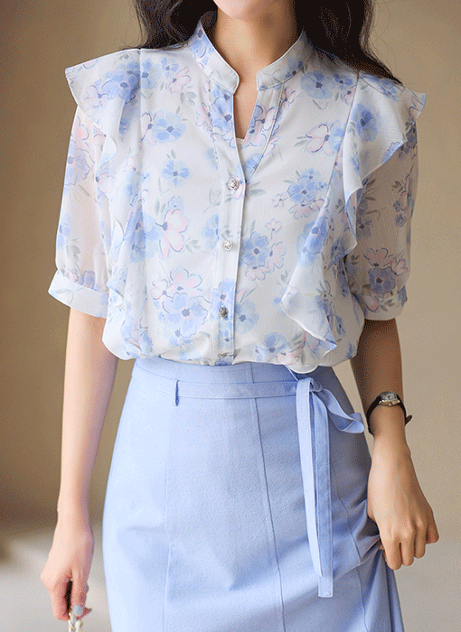 [LouisAngel] Watercolor Bloom Ruffle Blouse