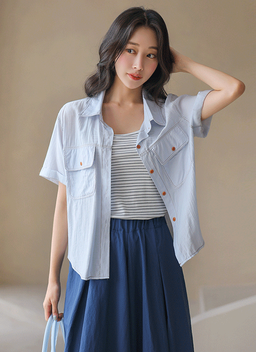 [The Onme] Contrast Stitch Layered Shirt & Camisole SET