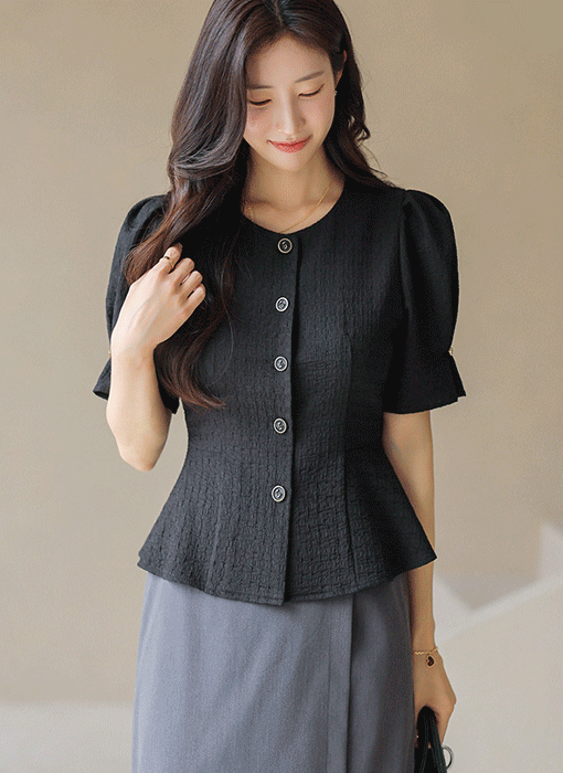 [LouisAngel] Rosé Jacquard Peplum Jacket Blouse