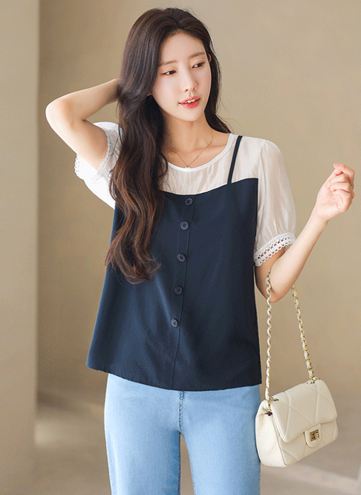 Sheer Lace-Trim Bustier Layered Blouse