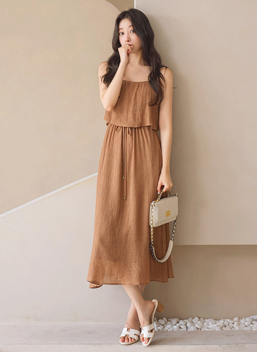 [The Onme] Layered Cape Drawstring Maxi Dress