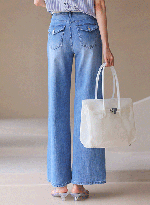 [The Onme] Mid-Wash Comfort Waistband Wide Jeans