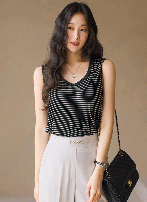 Lustrous Trim Sleeveless Striped Knit Top