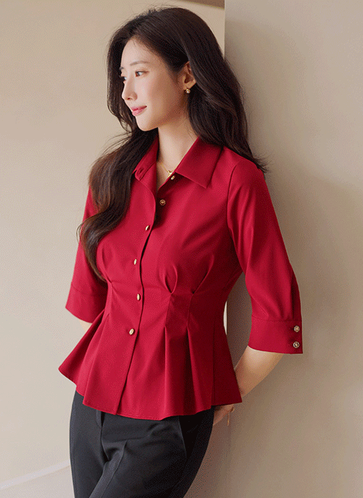 [LouisAngel] Burgundy Sculpted Pintuck Peplum Blouse