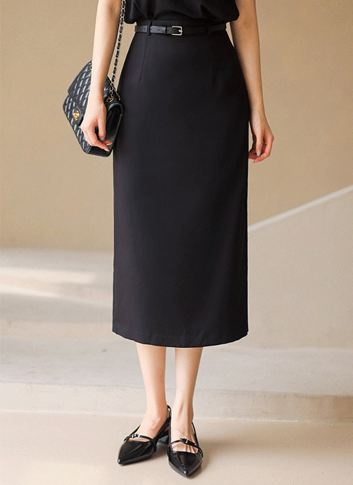 Classic Belted H-Line Midi Skirt