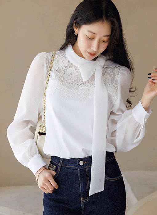 [LouisAngel] Romantic Lace Tie Neck Blouse
