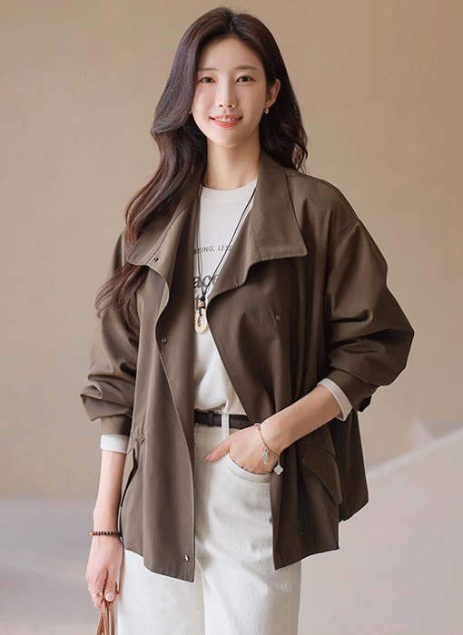 Satin-Touch High-Neck Drawstring Safari Jacket
