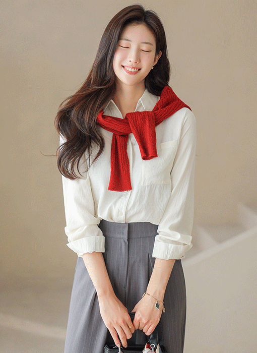 Open V-Neck Textured Cotton-Linen Shirt