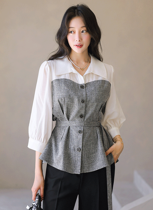 [LouisAngel] 르베르 벨트SET 배색 버튼 7부 카라 블라우스