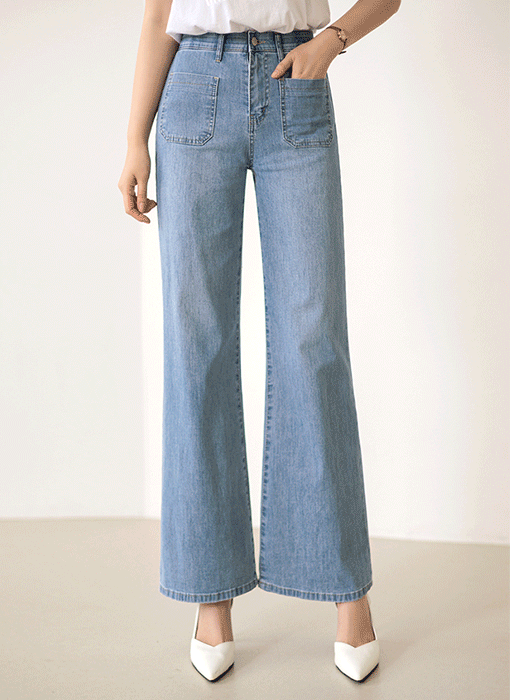 Elastic Waist Front Patch Pocket Wide Jeans