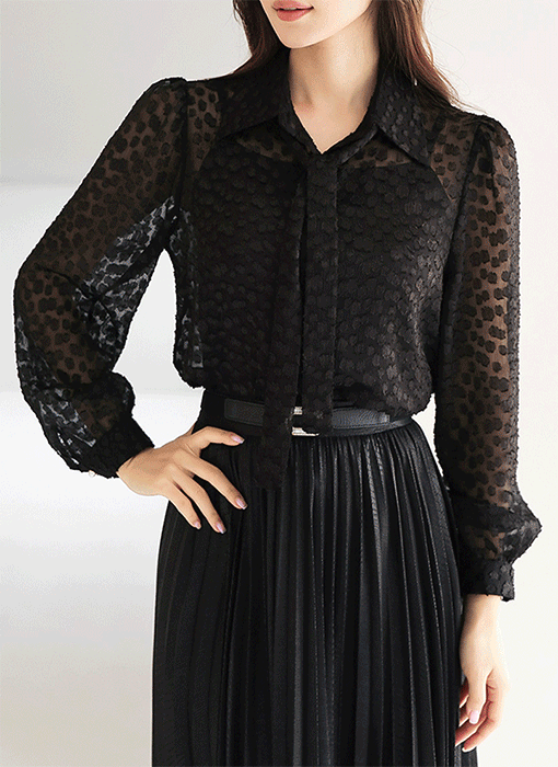 [LouisAngel] Polka Dot Jacquard Sheer Chiffon Blouse w/ Tie