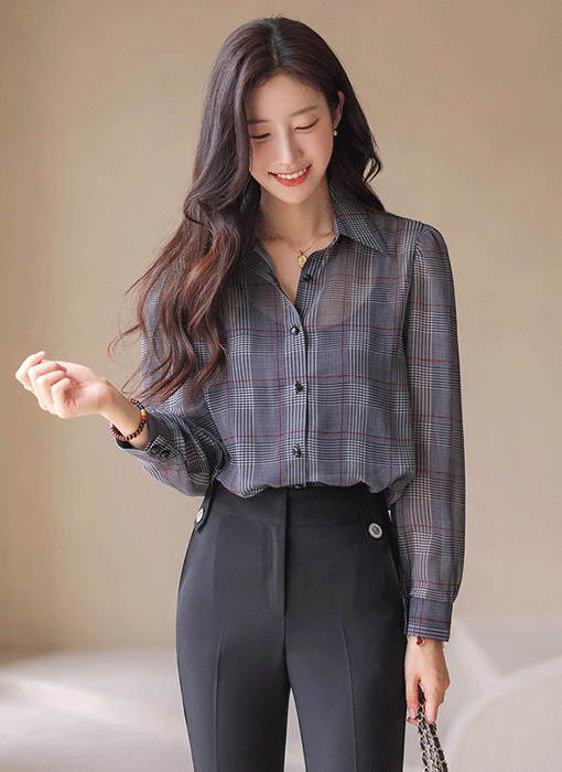 Glen Plaid Chiffon Tie-Set Blouse