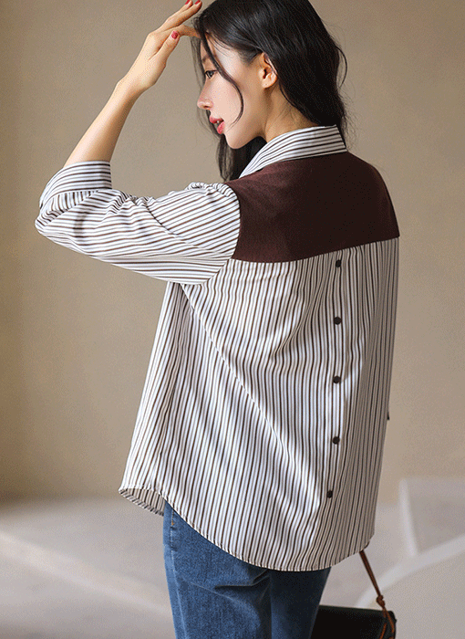 [The Onme] Shawl-Draped Stripe Button-Down Shirt