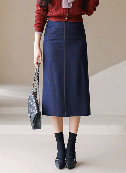 Slim Fit H-Line Belted Denim Skirt