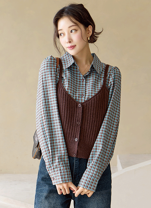 [The Onme] Puff-Shoulder Plaid Shirt & Ribbed Bustier SET
