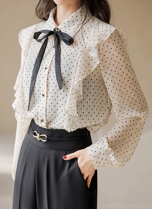 [LouisAngel] Sheer Polka Dot Cascading Ruffle Blouse