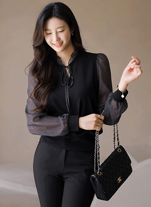 [LouisAngel] Mystic Sheer Sleeve Jacquard Blouse
