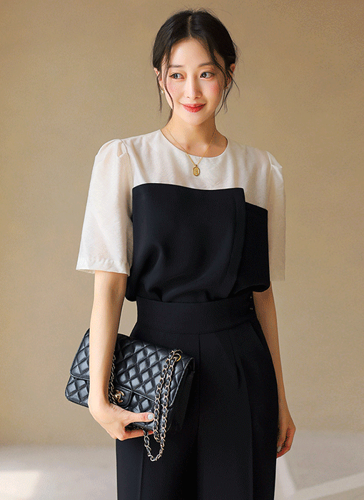 Wrap Overlay Color Block Blouse