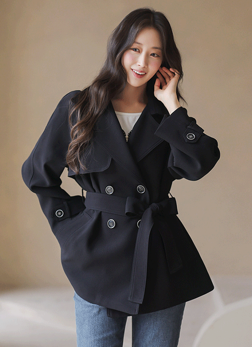 [LouisAngel] Storm-Flap Belted Short Trench Coat