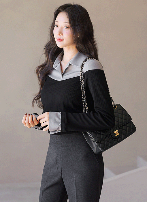 [LouisAngel] Contrast Collar Layered-Look Ribbed Top
