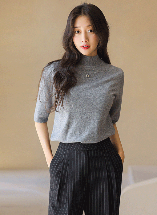 Essential Half-Sleeve Mock-Neck Knit Top