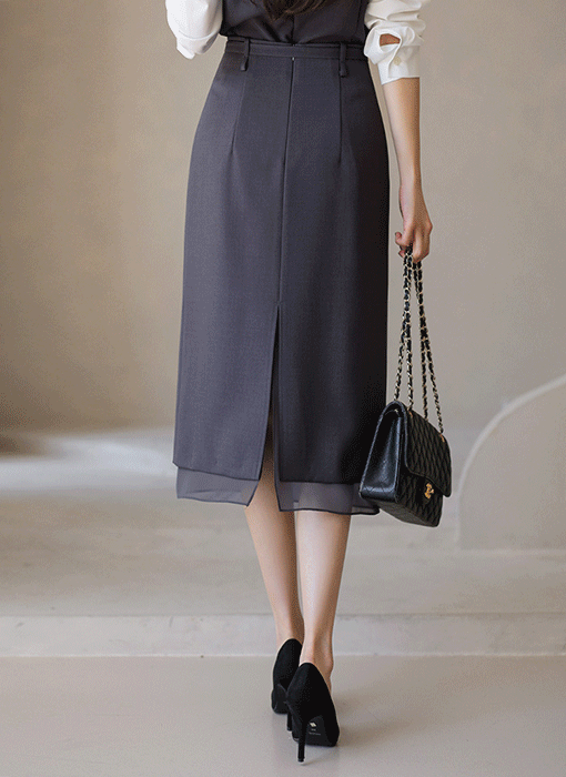 [LouisAngel] Belted Chiffon-Hem H-Line Midi Skirt