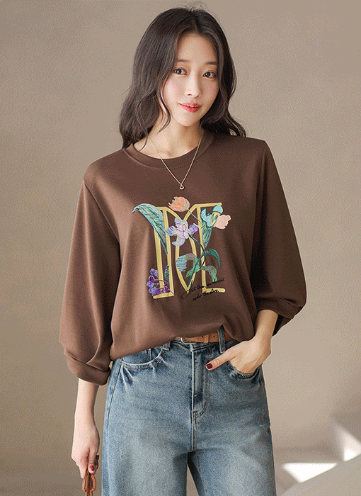 Embroidered Floral Letter Tulip-Sleeve T-Shirt