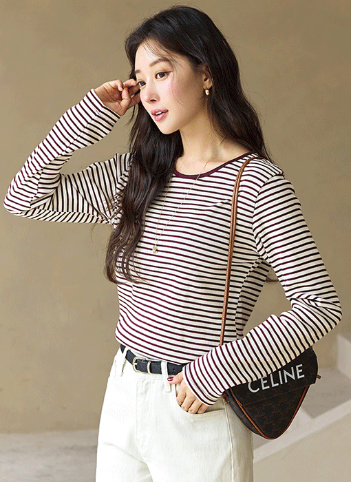 [The Onme] Fine-Stripe Contrast-Neck Long-Sleeve T-Shirt