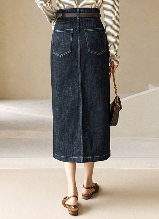[The Onme] Contrast-Stitch Four-Pocket Denim Skirt