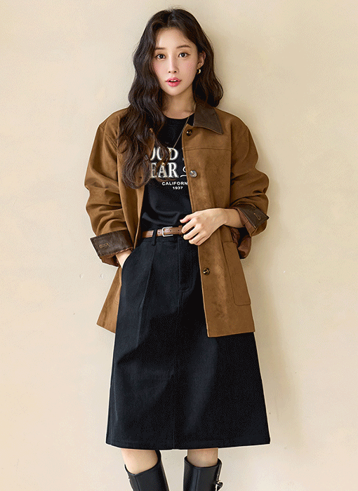[The Onme] Faux-Leather Trim Suede-Effect Jacket