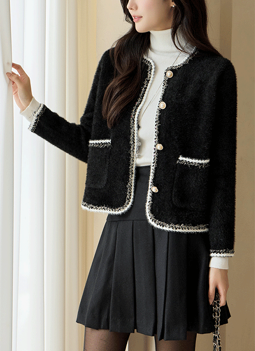 Braided-Trim Pearl-Style Button Knit Cardigan