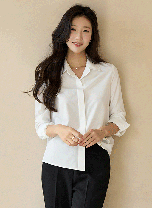 [LouisAngel] Concealed-Button Relaxed Stretch Shirt