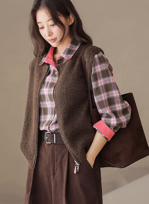 [The Onme] Two-Way Zip Round-Neck Knit Vest