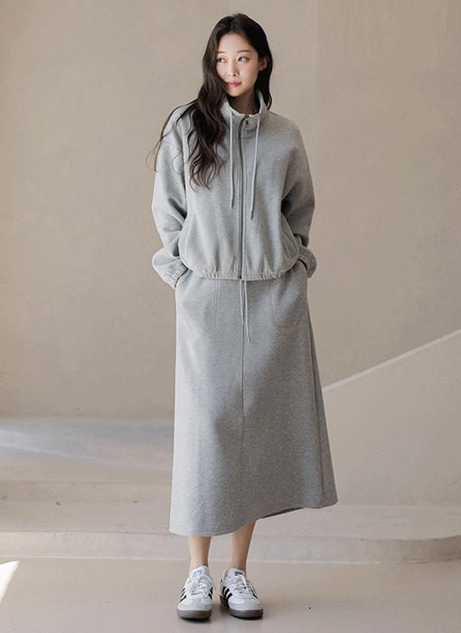 [The Onme] High-Neck Zip Jacket & A-Line Long Skirt Set