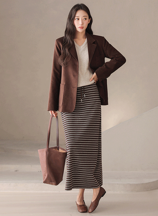 [The Onme] Horizontal-Stripe Drawstring Long Skirt