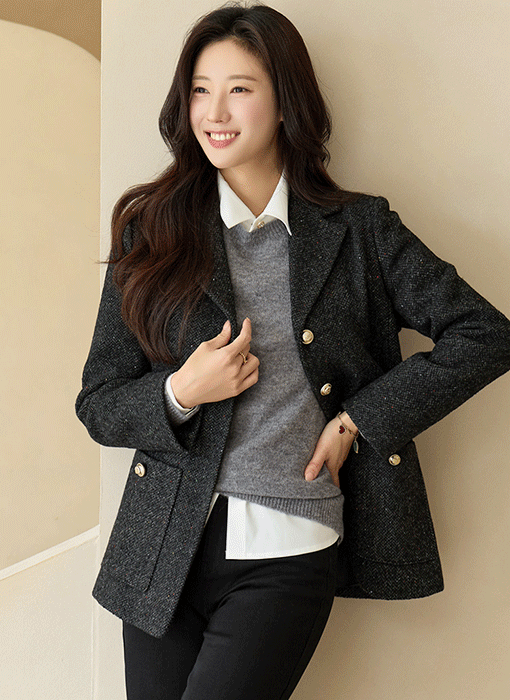 Gold-Button Wool-Blend Herringbone Jacket