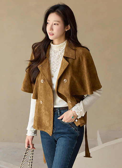 Belted Faux Suede Cape Jacket