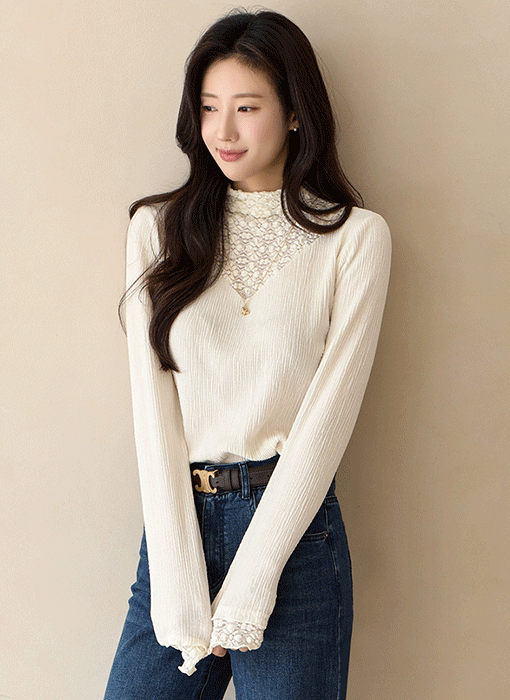 [LouisAngel] Lace-Yoke Textured Stretch Top