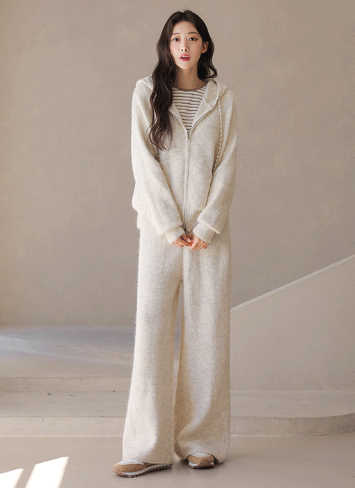 [The Onme] Cozy Knit Zip-Up Hoodie & Wide-Leg Pants SET