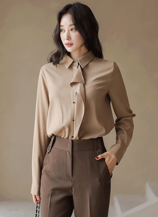 [LouisAngel] Asymmetric Ruffle Striped Shirt Blouse